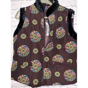 ❤️ Aardo Fashion New w/Tags Faux Fur Lined Brown Puffer Vest Medallion Print SM